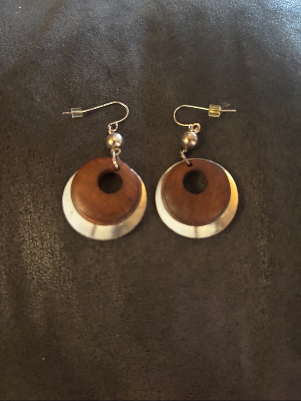 Wood & Silver Tone Circular Drop Earrings - Brown